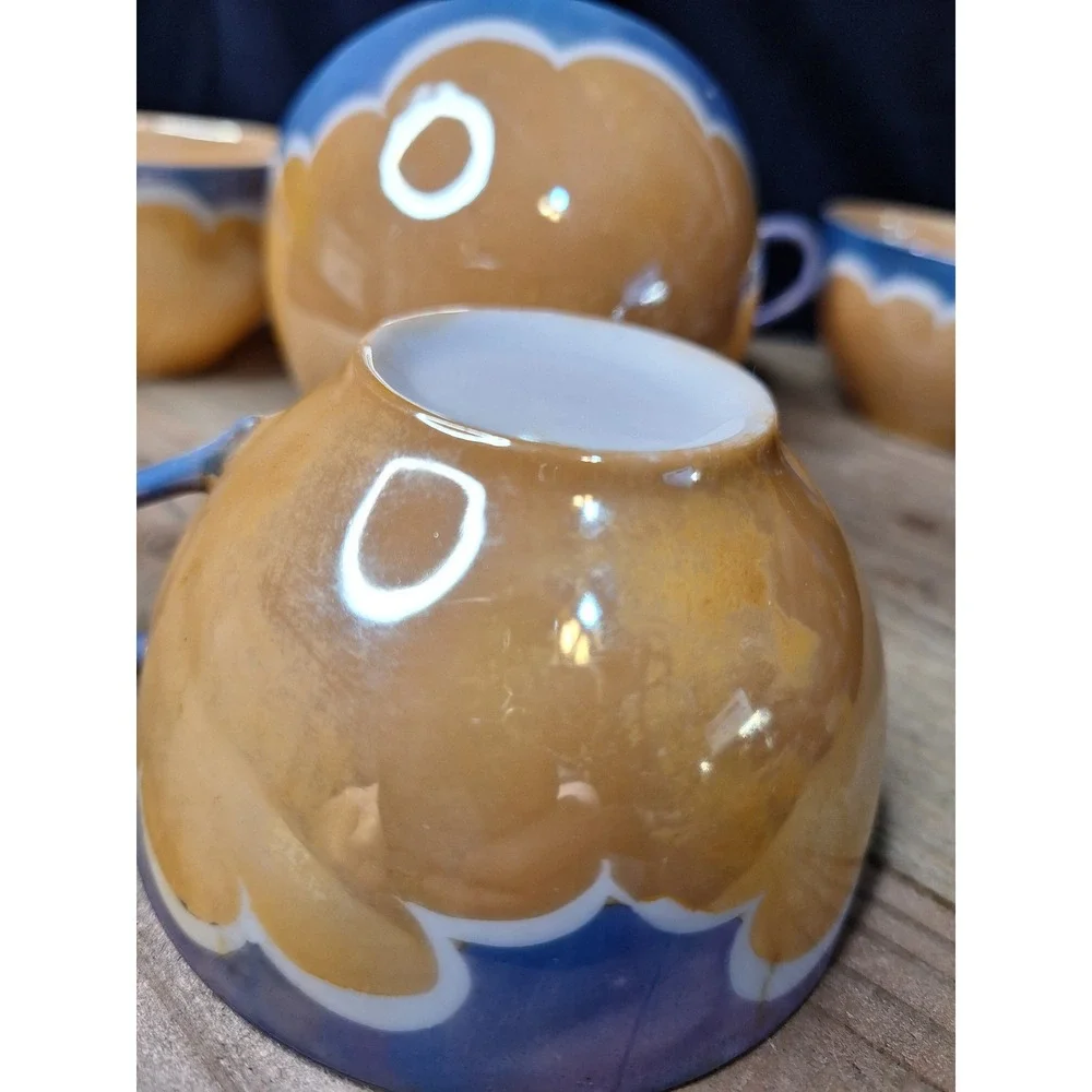 Vintage Japanese Lusterware Teacups Set of 5 Peach‎ Blue Iridescent Art Deco